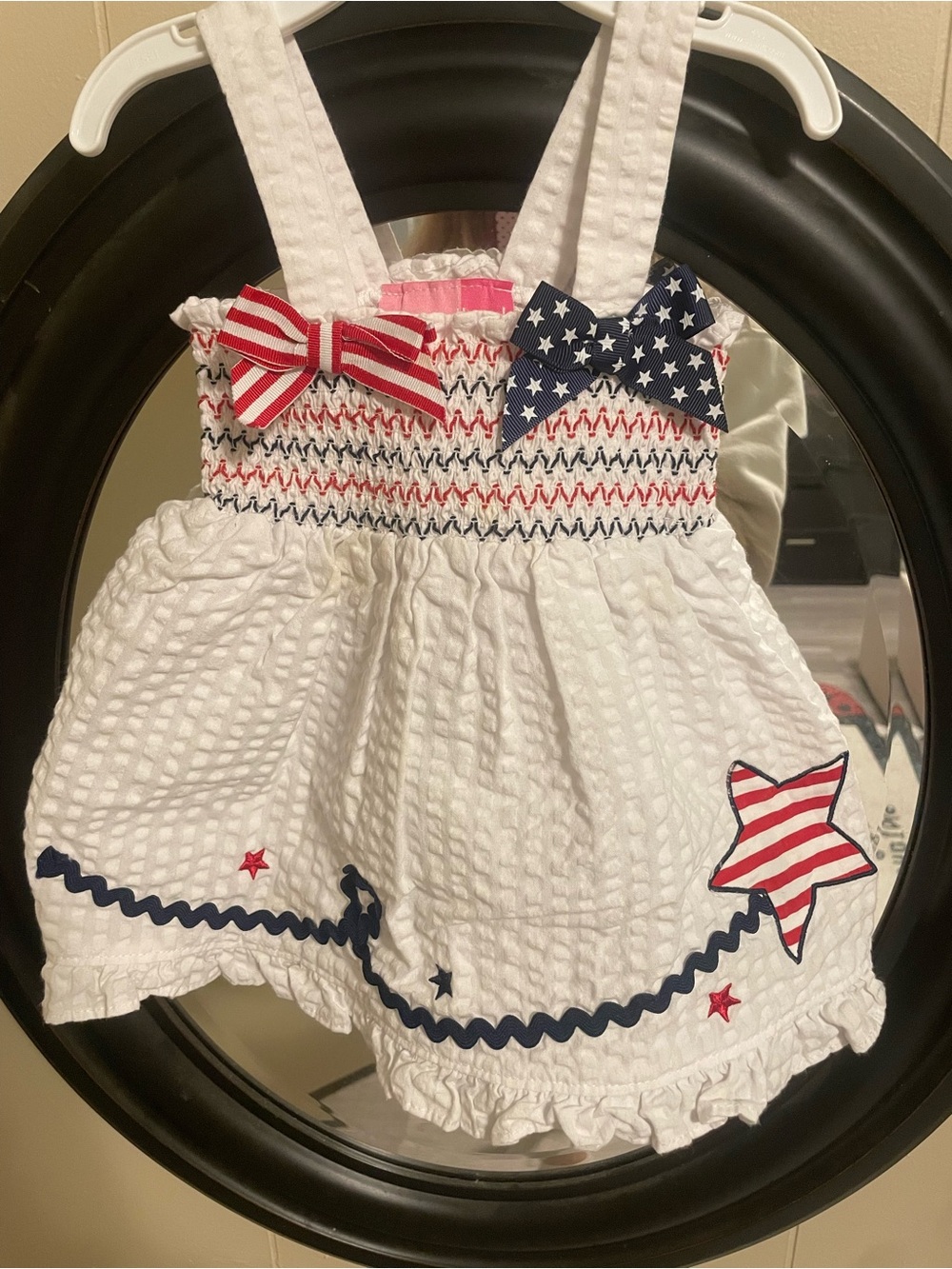 Girls White Seersucker Patriotic Sundress with Red & Navy Accents